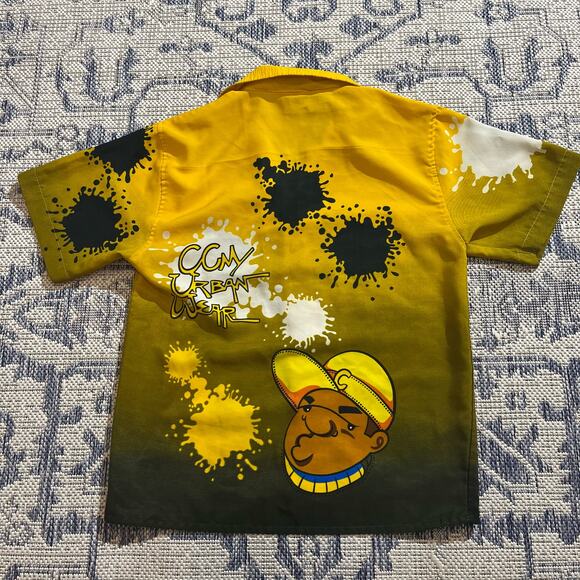 VTG Y2K Canopy CCNY Urban Wear Skater HipHop Yellow Graphic Button Up Shirt SZ S - Picture 3 of 5